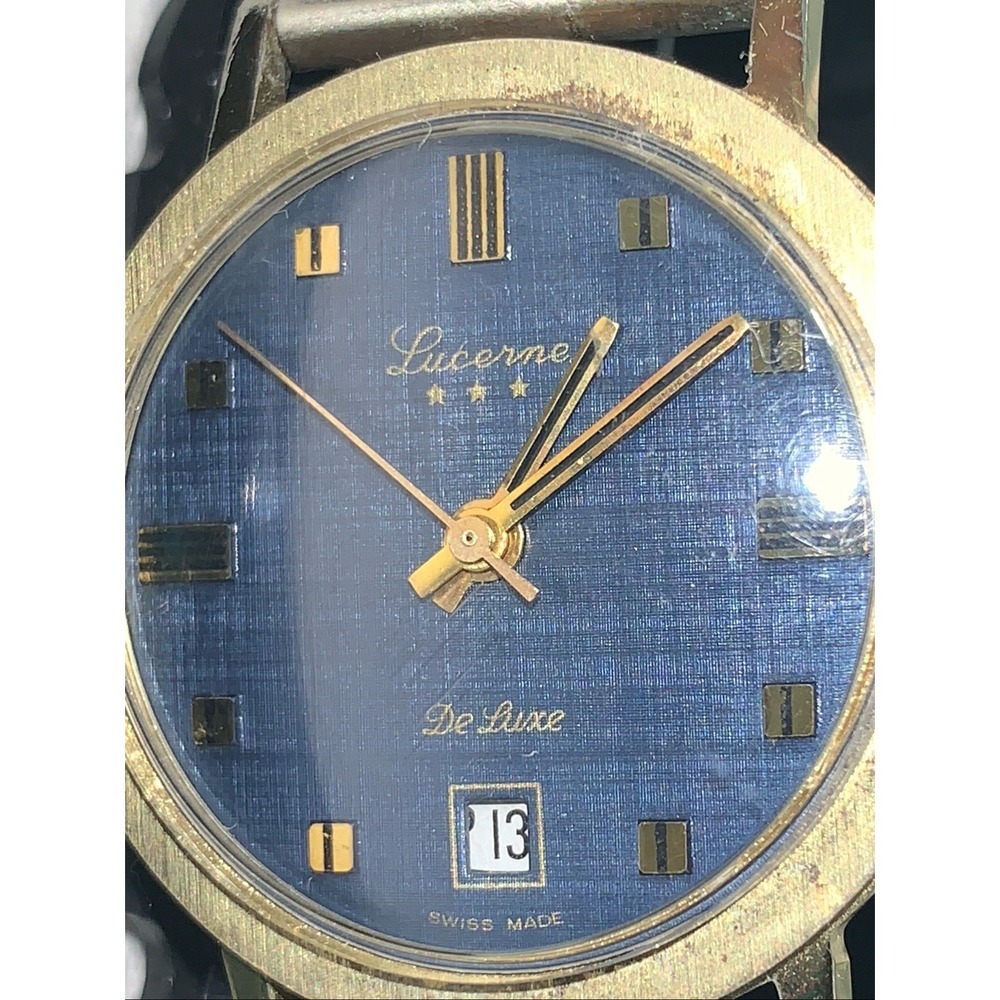 Vintage Lucerne De Luxe Swiss Watch Blue Dial Date Markers Mens Mechanical Runs